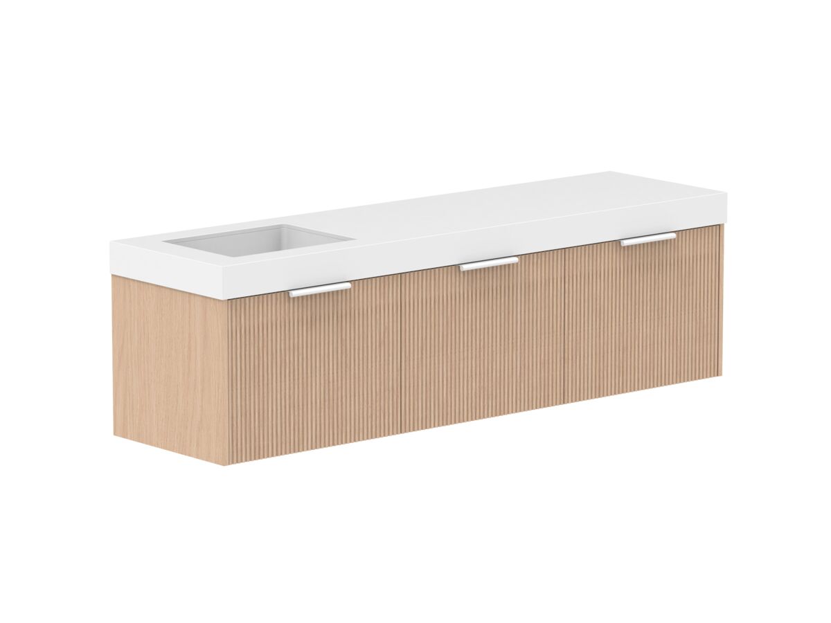 Supporting Image 2- Kado Neue Fluted Square All Drawer 1800mm Wall Hung Vanity with Left Hand Basin 90mm Top Blonde Oak