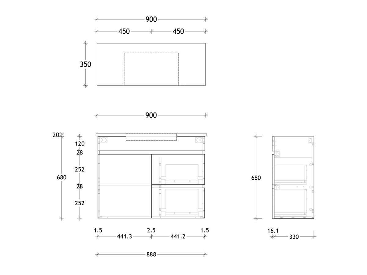 Technical Drawing - Posh Domaine Semi-Recessed 900mm Wall Hung Vanity Centre Basin 20mm Top