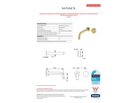 Specification Sheet - Sussex Pure Progressive Wall Basin Mixer Tap System 200mm with Linear Textured Handle PVD Brushed Gold (3 Star)