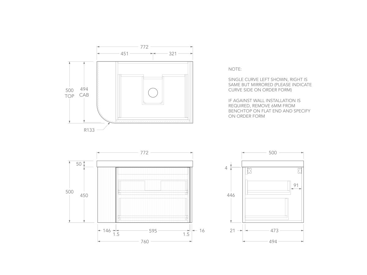 Technical Drawing - Kado Neue Fluted Single Curve All Drawer 750mm Wall Hung Vanity with Centre Basin Durasein 50mm Top