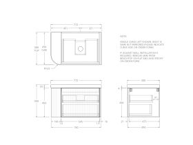Technical Drawing - Kado Neue Fluted Single Curve All Drawer 750mm Wall Hung Vanity with Centre Basin Durasein 50mm Top