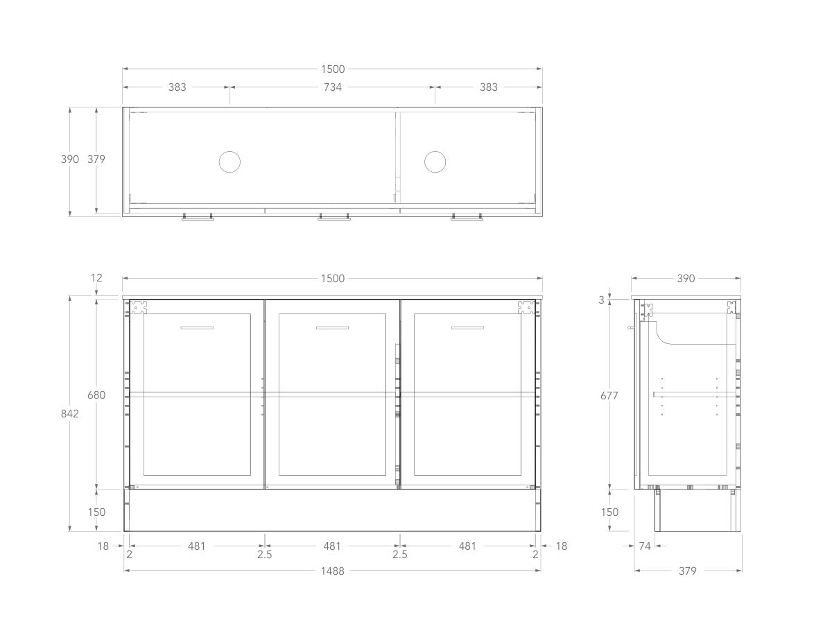 Technical Drawing - Kado Lux Ensuite All Door 1500mm Floor Mount Double Basin 12mm Durasein Top