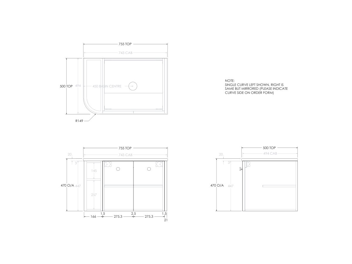Technical Drawing - Kado Era Single Curve All Door 750mm Wall Hung Vanity with Centre Basin 20mm Top