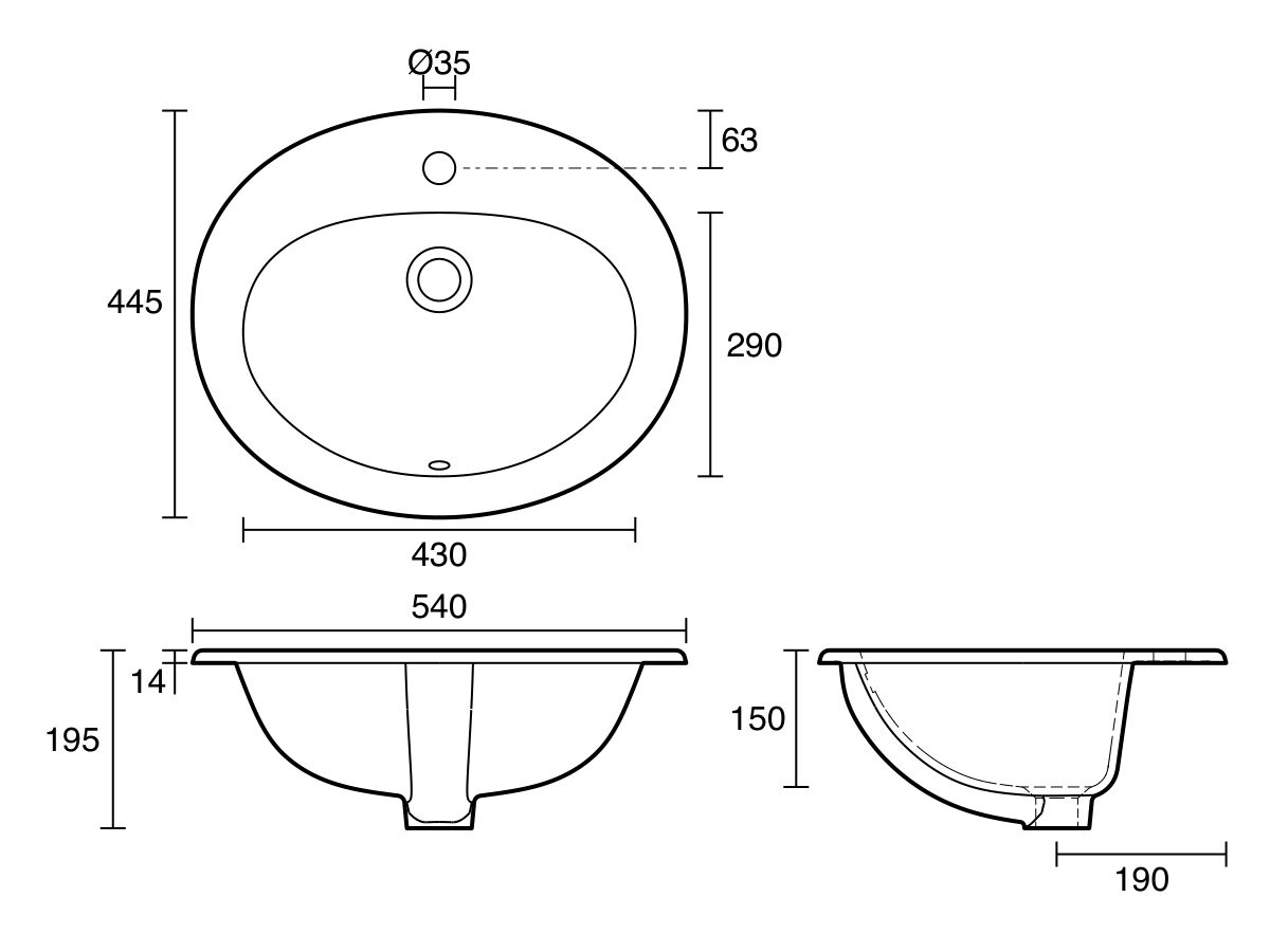 Technical Drawing - Base Vanity Basin with Front Overflow 1 Taphole 540 x 445mm White