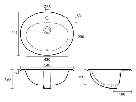 Technical Drawing - Base Vanity Basin with Front Overflow 1 Taphole 540 x 445mm White