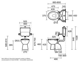 Technical Drawing - Wolfen Care Plastic Link Toilet Suite with Concealed S-Trap Single Flap Seat & Back Rest (4 Star)