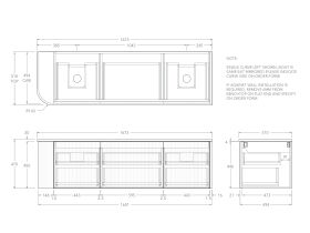 Technical Drawing - Kado Neue Fluted Single Curve All Drawer 1650mm Wall Hung Vanity with Double Basin 20mm Top
