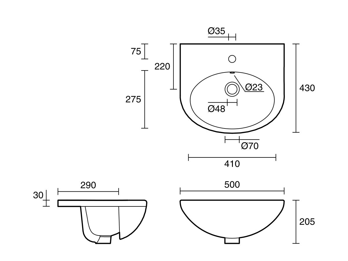 Base Semi Recessed Basin 1 Taphole 500mm White