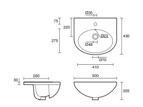 Base Semi Recessed Basin 1 Taphole 500mm White