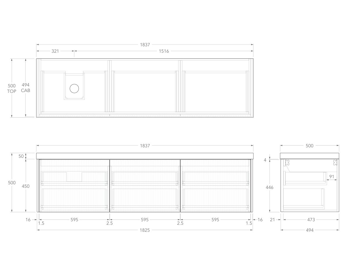 Technical Drawing - Kado Neue Fluted Square All Drawer 1800mm Wall Hung Vanity with Left Hand Basin 50mm Top