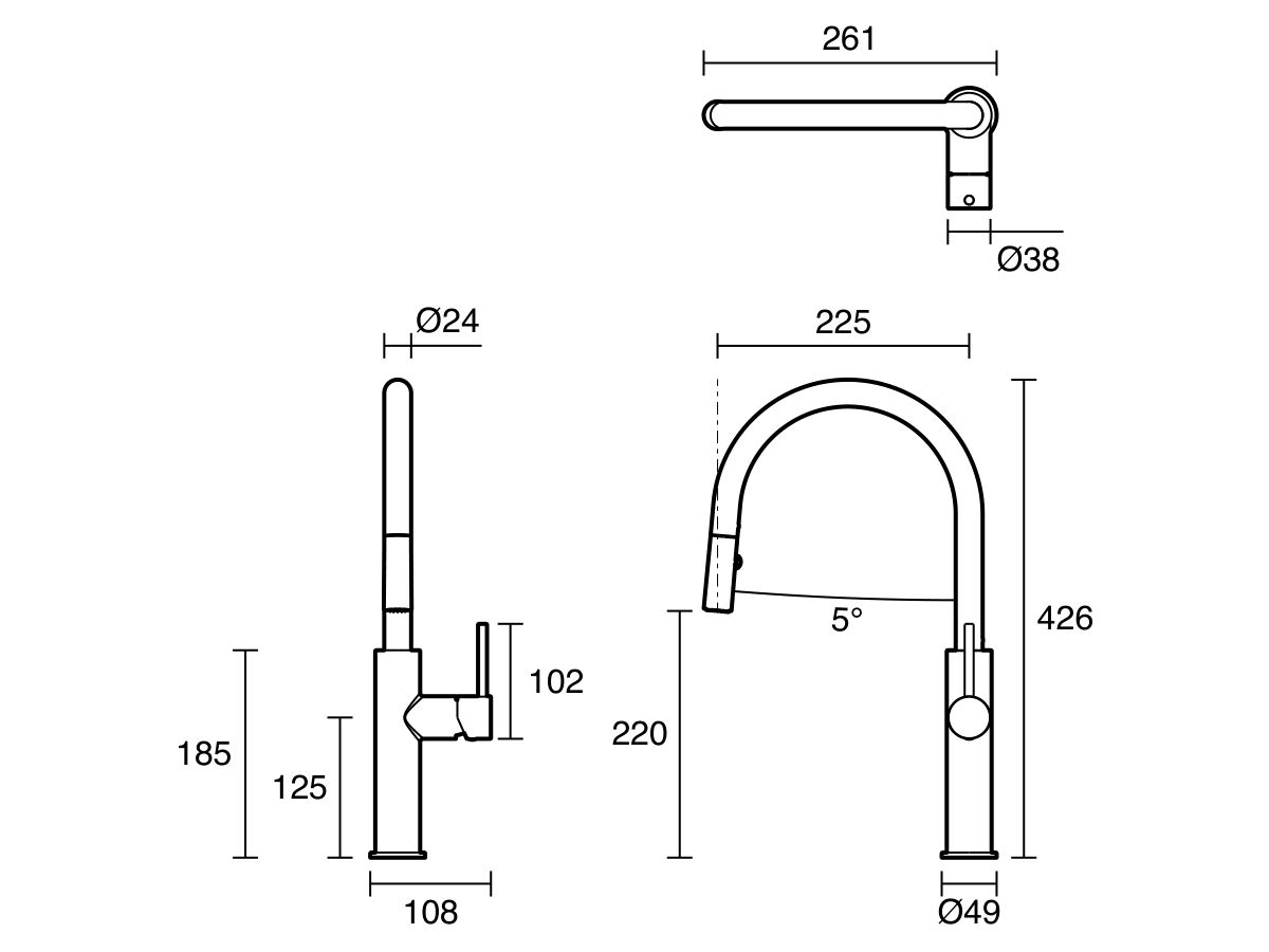 Technical Drawing - Mizu Drift Gooseneck Pull Out Sink Mixer Curved 2 Function Brushed Stainless Steel 316 (5/6 Star) Lead Free