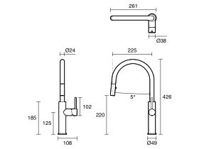 Technical Drawing - Mizu Drift Gooseneck Pull Out Sink Mixer Curved 2 Function Brushed Stainless Steel 316 (5/6 Star) Lead Free