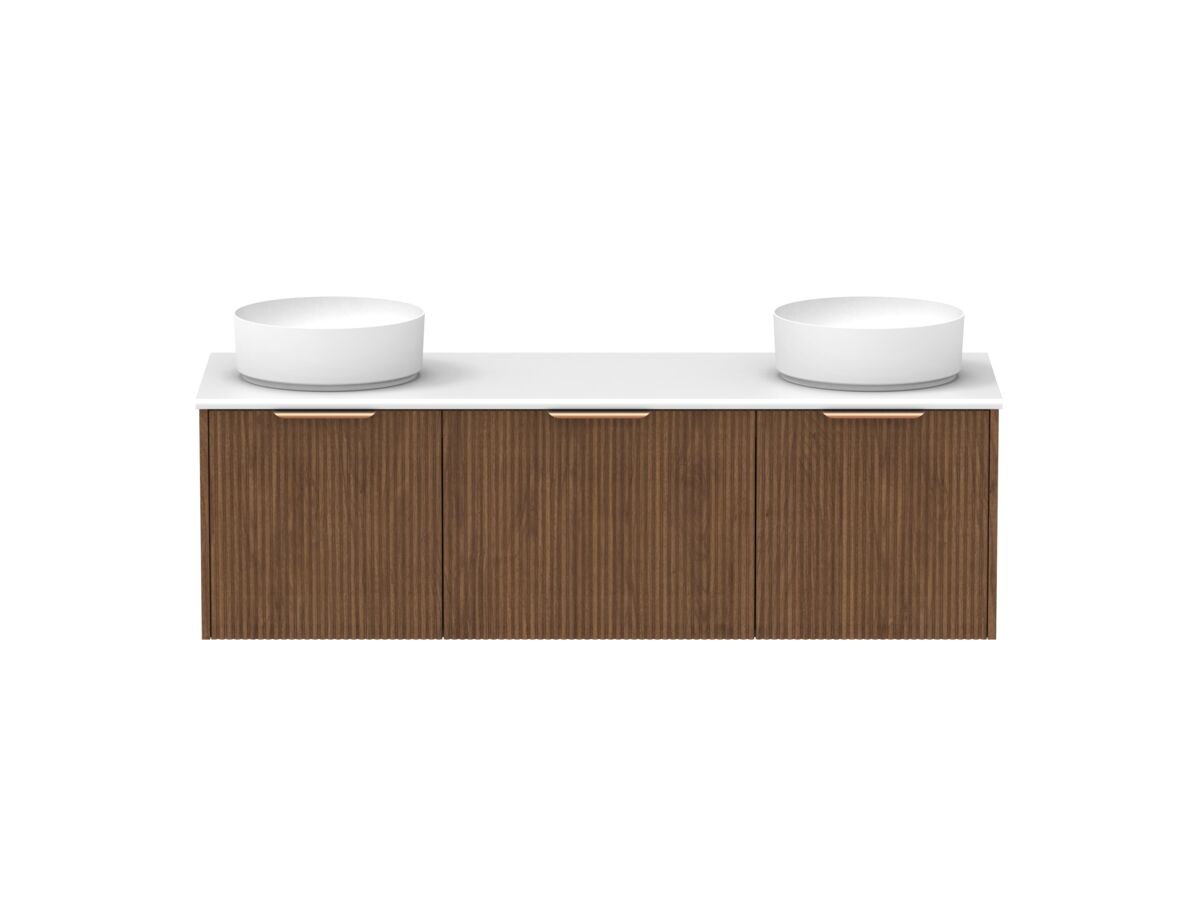 Supporting Image - Kado Neue Fluted Square All Drawer 1500mm Wall Hung Vanity with Double Basin 20mm Top Florentine Walnut