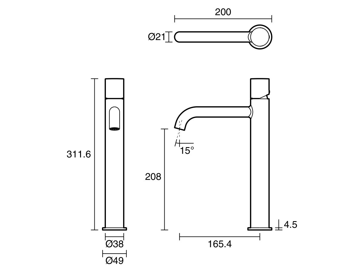 Technical Drawing - Mizu Drift Dial Extended Height Basin Mixer Tap Curved Spout (6 Star) Lead Free