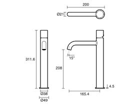 Technical Drawing - Mizu Drift Dial Extended Height Basin Mixer Tap Curved Spout (6 Star) Lead Free