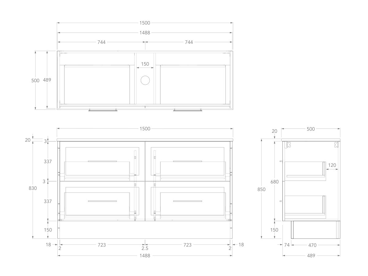 Technical Drawing - Kado Lux 1500mm All Drawer Floor Mounted Vanity Unit 4 Drawers Centre Bowl Vanity 20mm Top