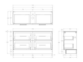Technical Drawing - Kado Lux 1500mm All Drawer Floor Mounted Vanity Unit 4 Drawers Centre Bowl Vanity 20mm Top