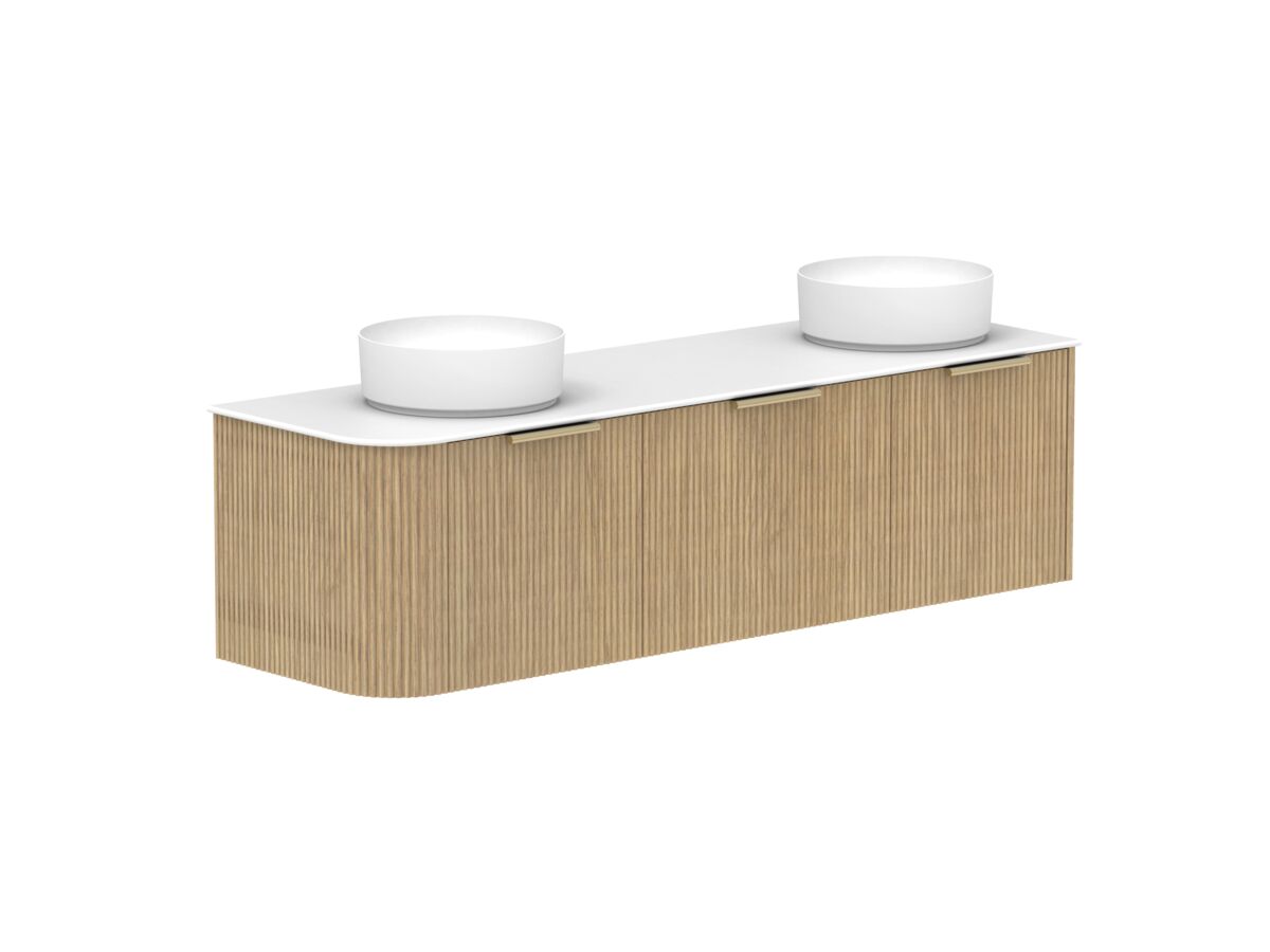 Supporting Image 2- Kado Neue Fluted Single Curve All Drawer 1650mm Wall Hung Vanity with Double Basin Durasein 12mm Top Boston Oak