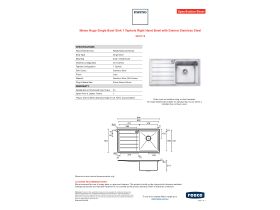 Specification Sheet - Memo Hugo Single Bowl Sink 1 Taphole Right Hand Bowl with Drainer Stainless Steel