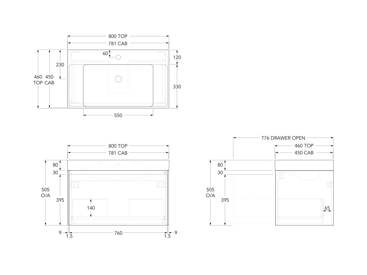 Roca Ona Vanity All Drawer Single Centre Bowl 800mm