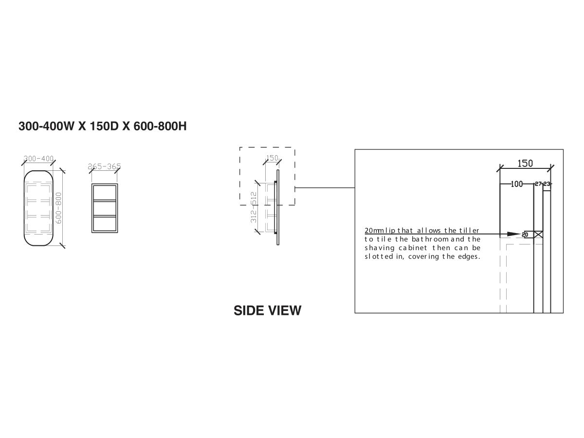 ISSY Z1 Recessed Oval Mirror with Shaving Cabinet Custom 300mm-400mm (W) x 150mm (D) x 600mm-800mm (H)
