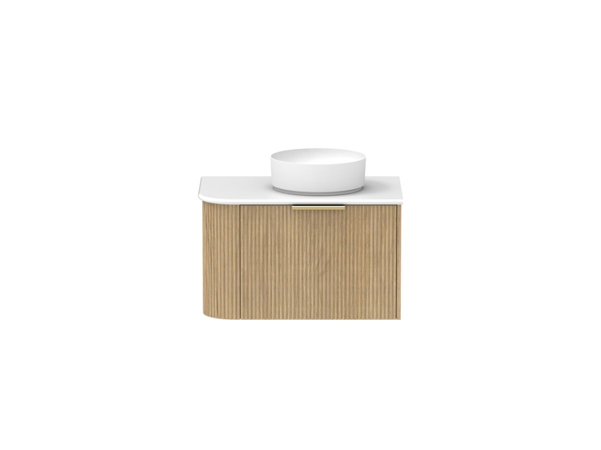 Supporting Image - Kado Neue Fluted Single Curve All Drawer 750mm Wall Hung Vanity with Centre Basin 20mm Top Boston Oak