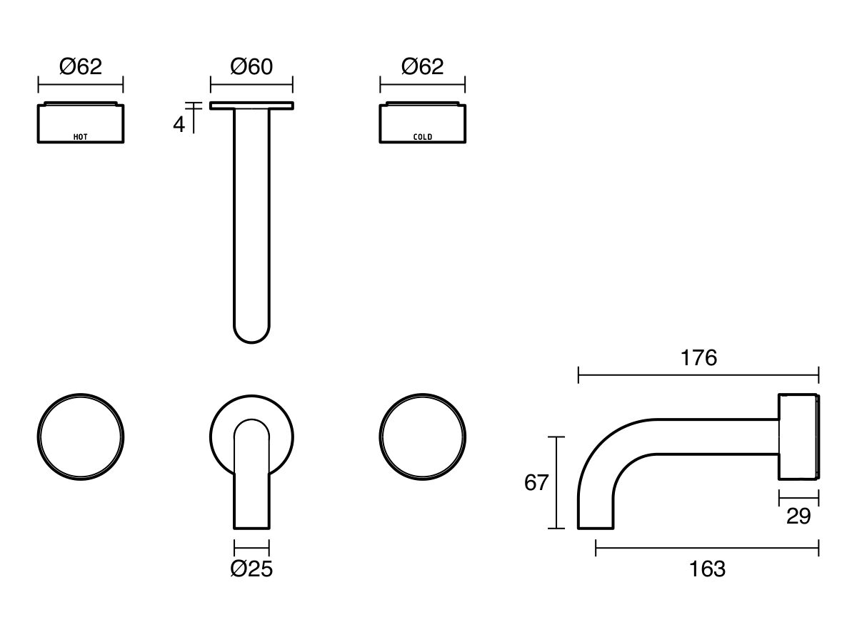 Technical Drawing - Sussex Pure Elemental Bath Set 160mm