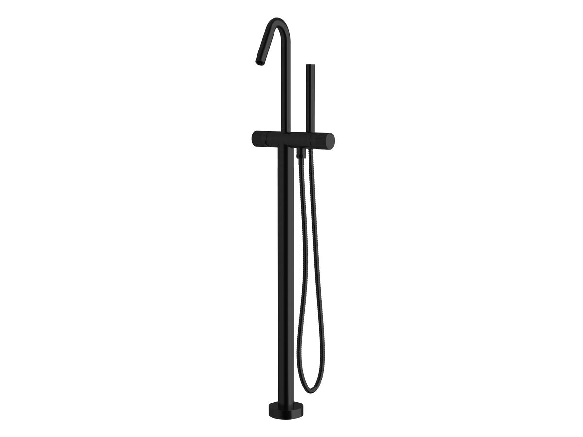 Sussex Pure Floor Mounted Bath Mixer Tap with Handshower and Linear Textured Handle Trimset PVD Matte Black (3 Star)