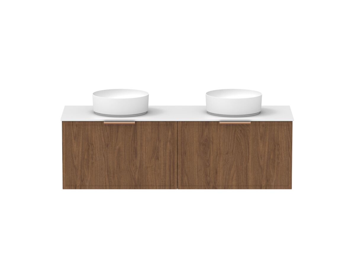 Supporting Image - Kado Lux Slim All Drawer 1500mm Wall Hung Vanity with Double Basin Durasein 12mm Top Florentine Walnut