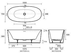 Technical Drawing - Kado Lux Freestanding Bath 1500mm x 700mm x 580mm
