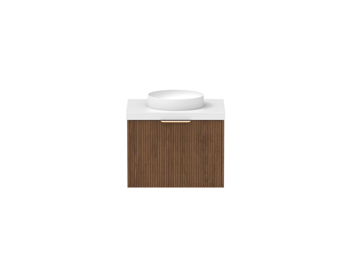 Supporting Image - Kado Neue Fluted Square All Drawer 600mm Wall Hung Vanity with Centre Basin 50mm Top Florentine Walnut