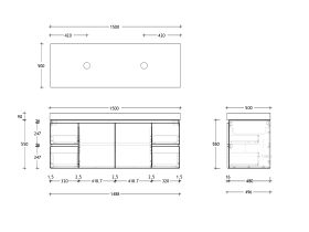 Technical Drawing - Posh Domaine 1500mm Wall Hung Vanity Unit Conventional Double Bowl 90mm Top