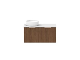 Supporting Image - Kado Neue Fluted Square 900mm Wall Hung Vanity with Left Basin Durasein 12mm Top Florentine Walnut
