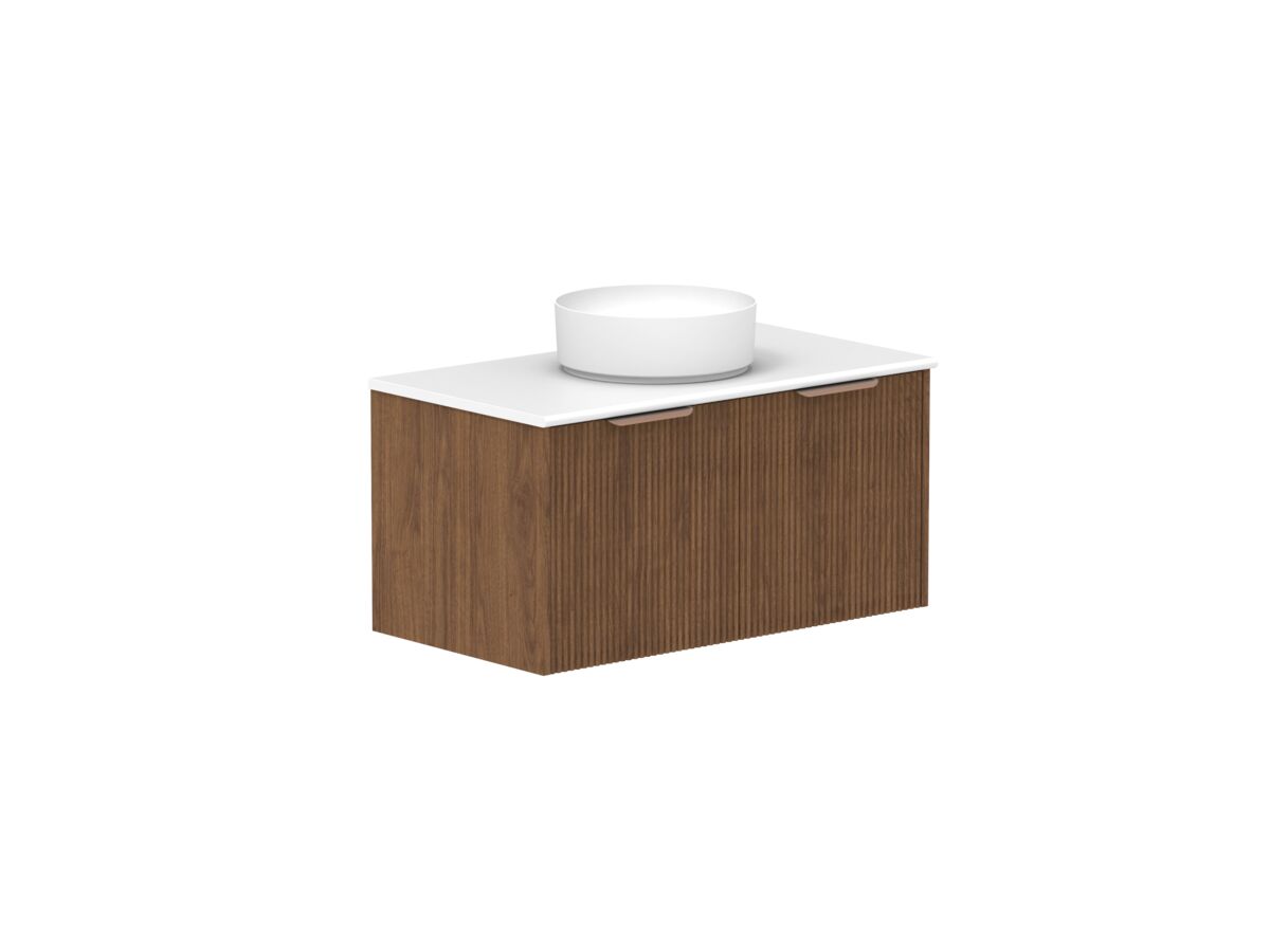 Hero - Kado Neue Fluted Square All Drawer 900mm Wall Hung Vanity with Centre Basin 20mm Top Florentine Walnut