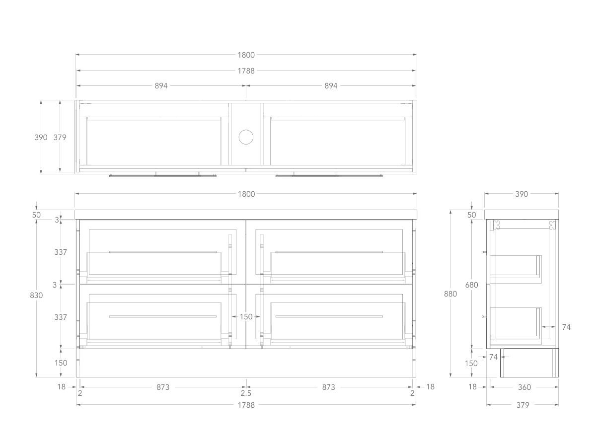 Technical Drawing - Kado Lux Ensuite All Drawer Twin 1800mm Floor Mount Centre Basin 50mm Top
