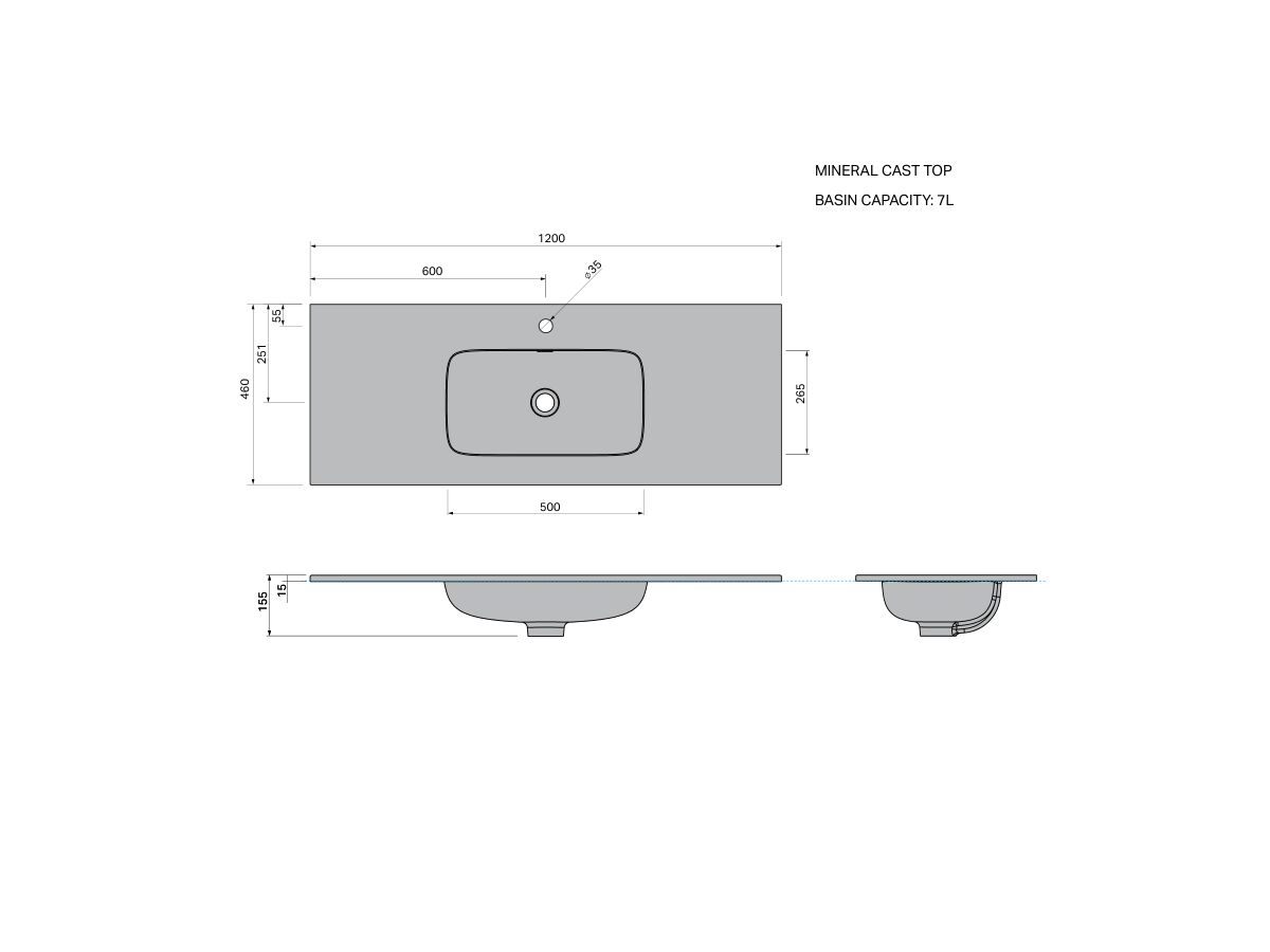 Technical Drawing - Posh Domaine Mineral Cast Top 1200mm Single Bowl