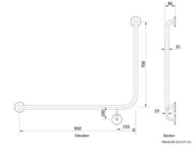 RBA Grab Rail 90 Degree 950mm x 700mm High Left Hand Stainless Steel Polished