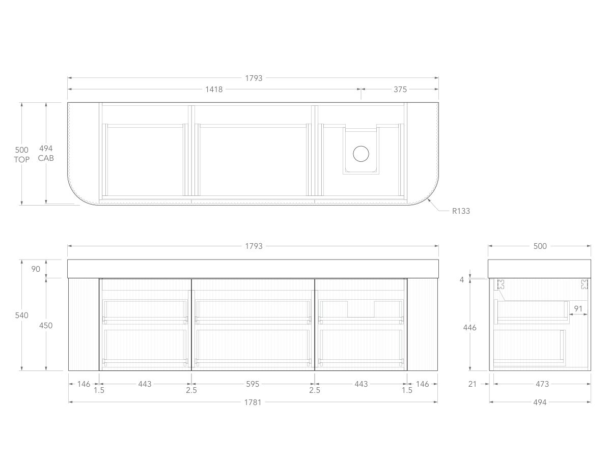 Technical Drawing - Kado Neue Fluted Double Curve All Drawer 1800mm Wall Hung Vanity with Right Hand Basin Durasein 90mm Top
