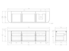 Technical Drawing - Kado Neue Fluted Double Curve All Drawer 1800mm Wall Hung Vanity with Right Hand Basin Durasein 90mm Top