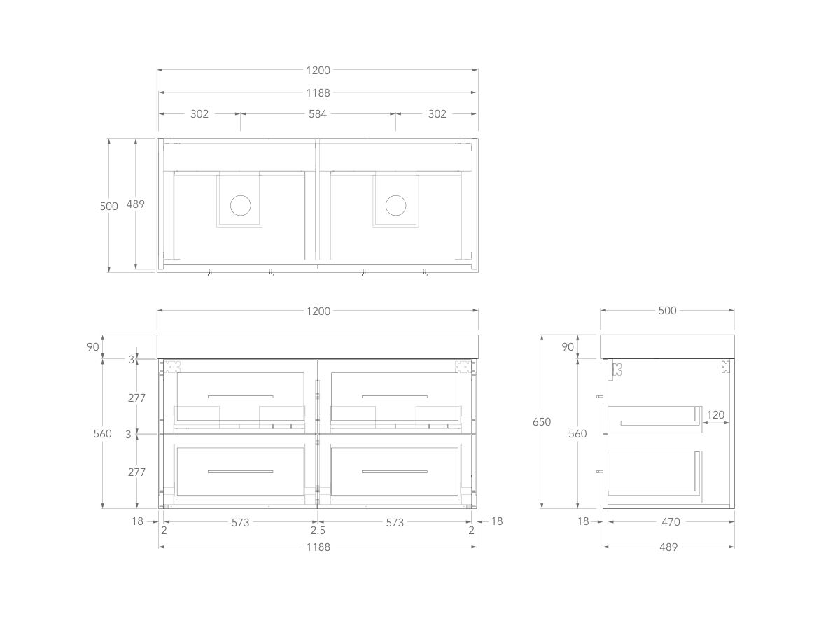 Kado Lux Drawer Vanity Unit Wall Hung 1200 Double Bowl Statement Top 4 Drawers (No Basin)
