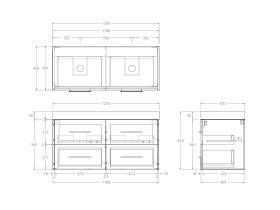 Kado Lux Drawer Vanity Unit Wall Hung 1200 Double Bowl Statement Top 4 Drawers (No Basin)