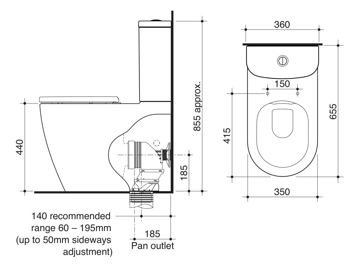 Technical Drawing - Caroma Forma II Cleanflush Close Coupled Back to Wall Bottom Inlet Toilet Suite with Soft Close Quick Release Seat (4 Star)