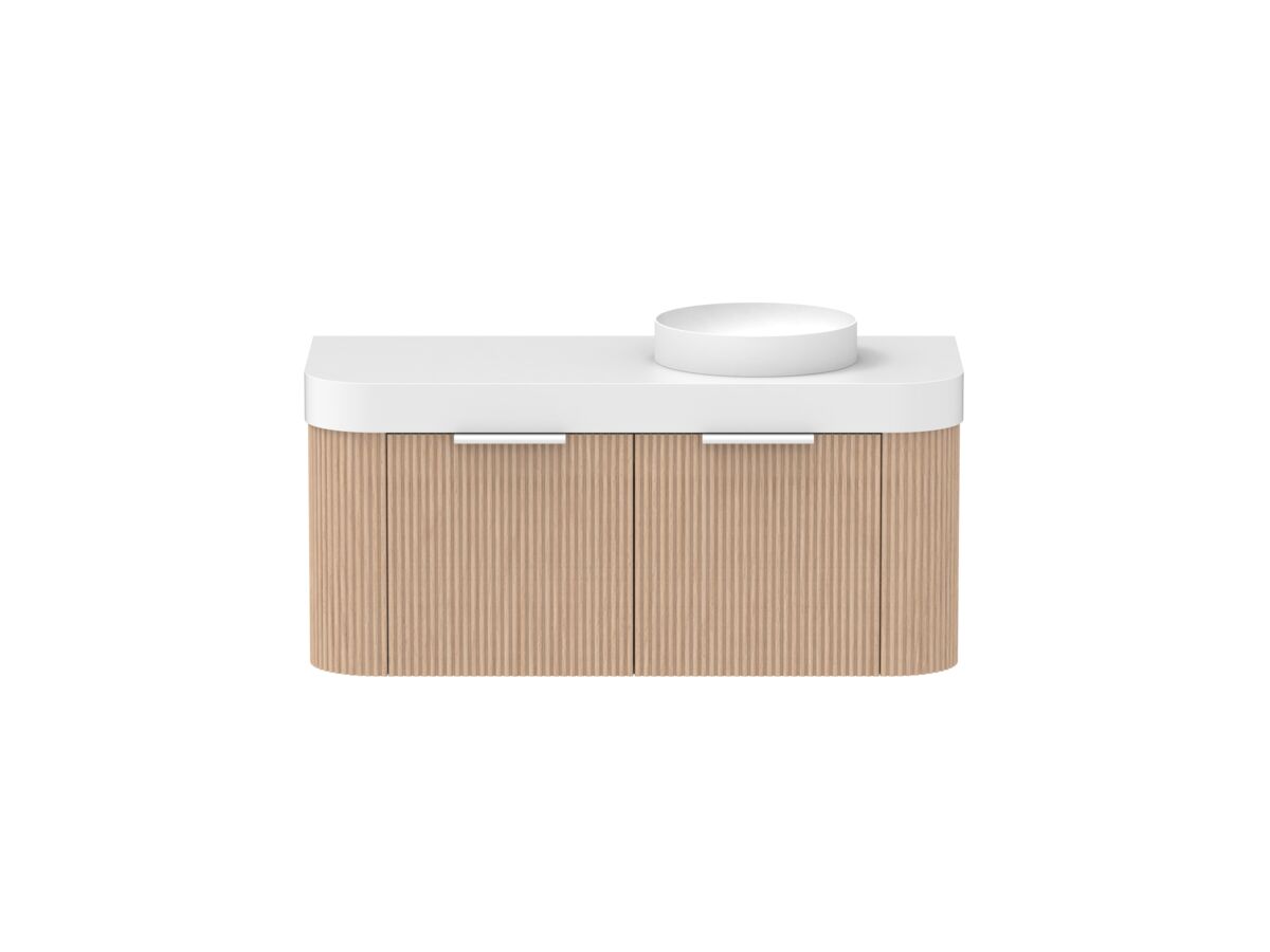Supporting Image - Kado Neue Fluted Double Curve All Drawer 1200mm Wall Hung Vanity with Right Hand Basin Durasein 90mm Top Blonde Oak