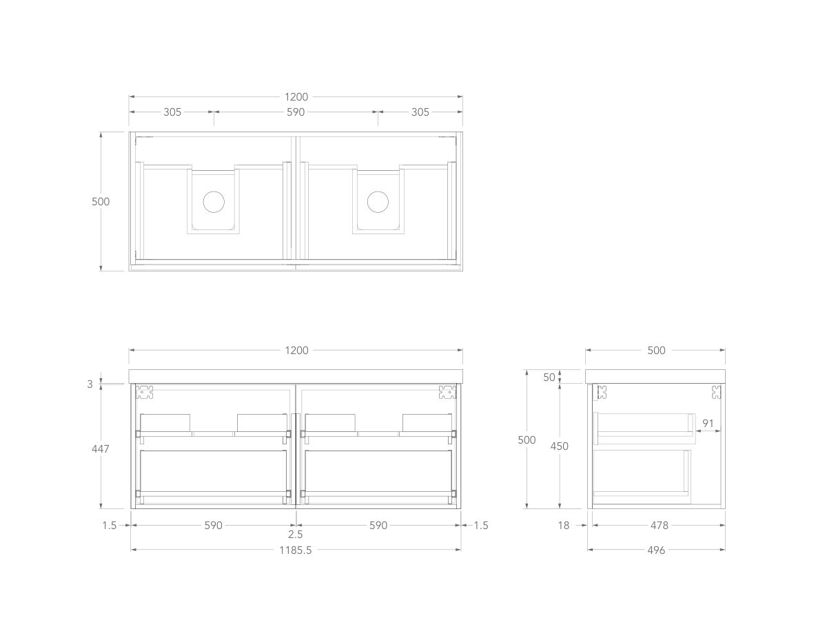 Technical Drawing - Kado Lux Slim All Drawer 1200mm Wall Hung Vanity with Double Basin 50mm Top
