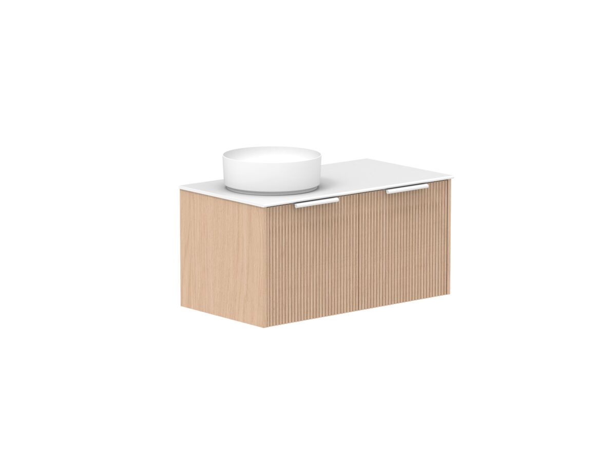 Supporting Image - Kado Neue Fluted Square 900mm Wall Hung Vanity with Left Basin Durasein 12mm Top Blonde Oak