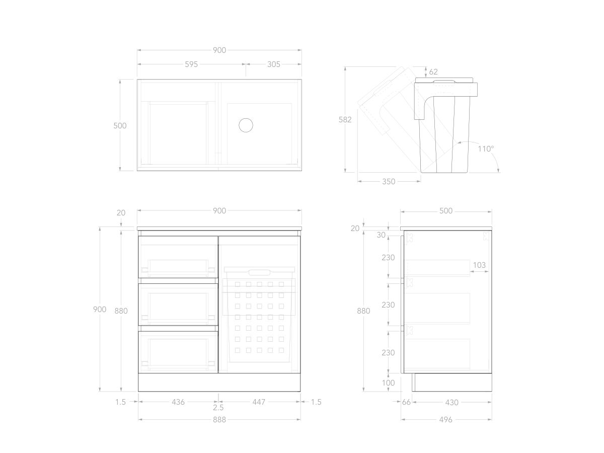 Technical Image - Posh Domaine Plus Hamper 900 Floor Mounted Right Bowl 20mm Top