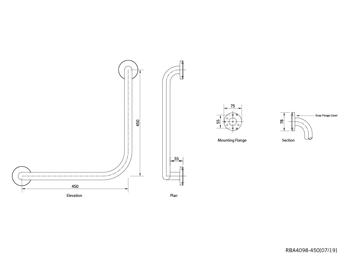 RBA Grab Rail Ambulant 90 Degree Stainless Steel Polished