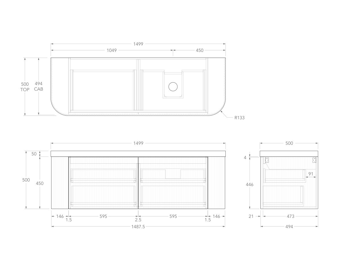 Technical Drawing - Kado Neue Fluted Double Curve All Drawer 1500mm Wall Hung Vanity with Right Hand Basin Durasein 50mm Top