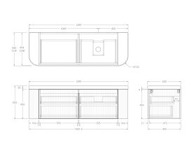 Technical Drawing - Kado Neue Fluted Double Curve All Drawer 1500mm Wall Hung Vanity with Right Hand Basin Durasein 50mm Top
