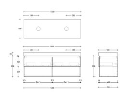Technical Drawing - Posh Domaine 1500mm Wall Hung Vanity Unit All-Drawer Open Shelf Double Bowl 90mm Top